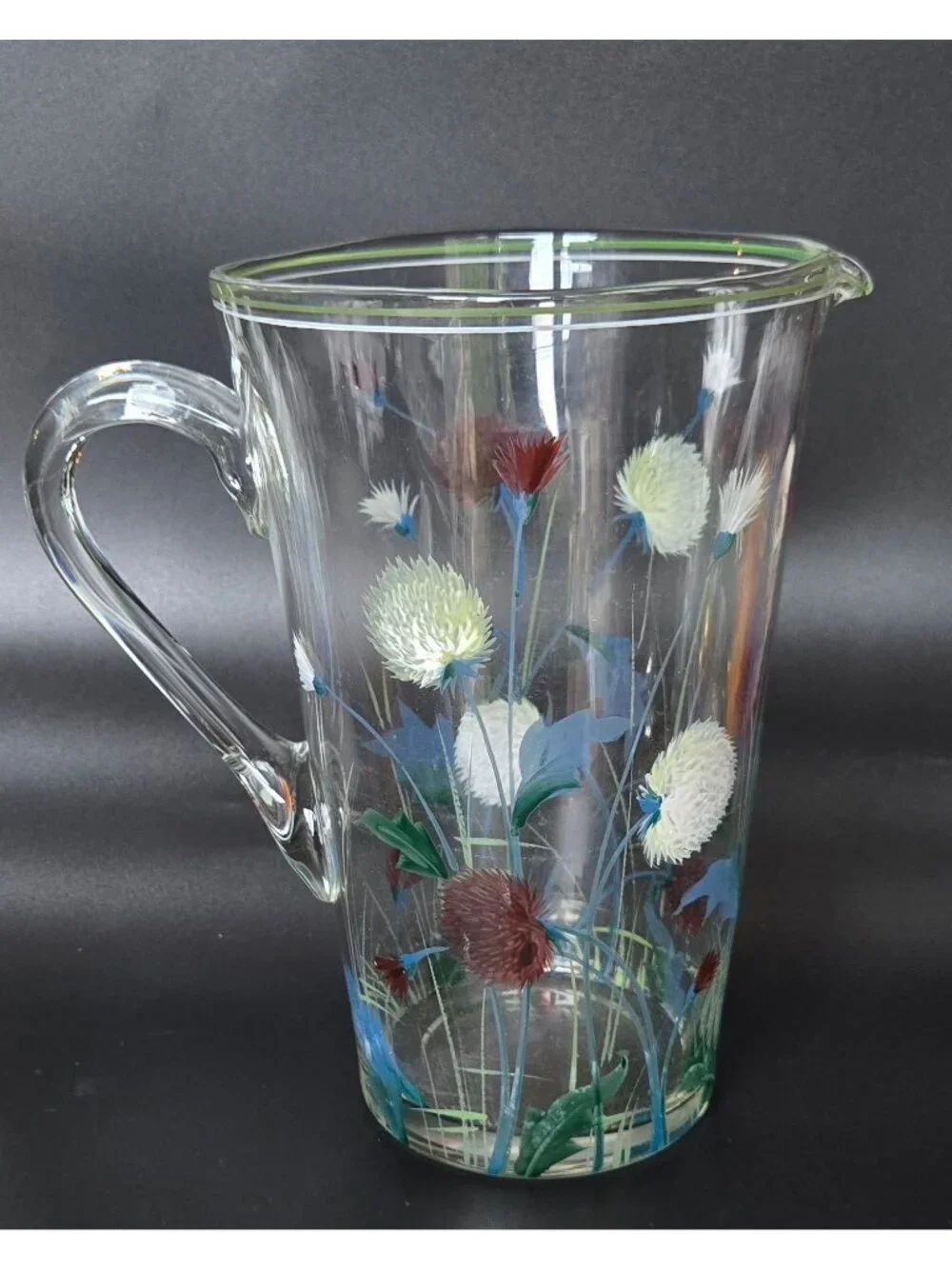 Vintage 1940s Glass Pitcher w/Hand Painted Clover, Floral Pitcher, Czech Glass,